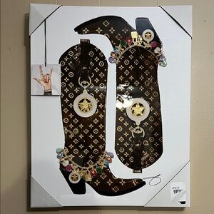 Decorative Cowboy Boot Wall Art with Gold and Black Accents